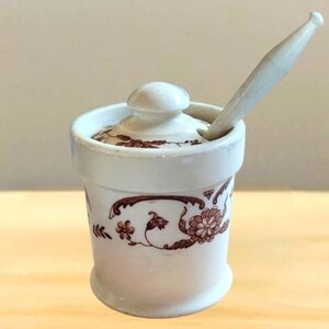 BEAUTIFUL VINTAGE 1930'S MAYER MAYAN WARE, IVORY RESTAURANT MUSTARD JAR W/SPOON
